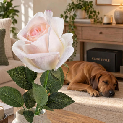 Artificial Pale Pink Tea Rose Stem with Realistic Green Foliage – Close-Up Lifelike Pink Faux Rose Flower with Rhodesian Ridgeback 65cm | Click Style