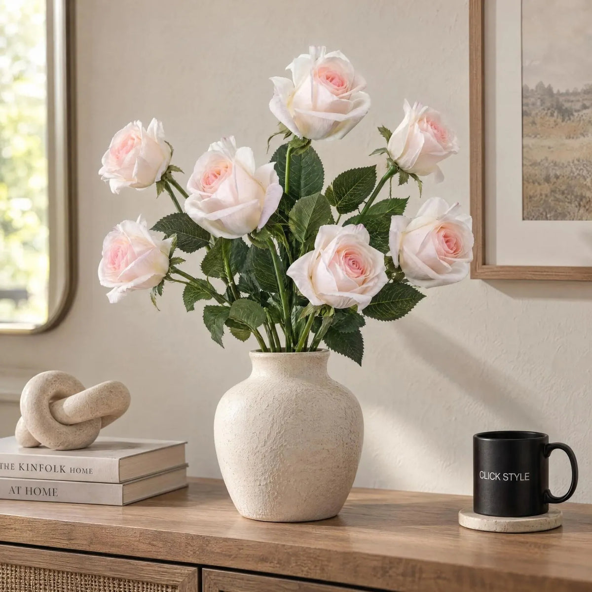 Artificial Pale Pink Tea Rose Stem with Realistic Green Foliage – Seven Lifelike Pink Faux Rose Flowers Arranged in Vase 65cm | Click Style