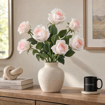 Artificial Pale Pink Tea Rose Stem with Realistic Green Foliage – Seven Lifelike Pink Faux Rose Flowers Arranged in Vase 65cm | Click Style