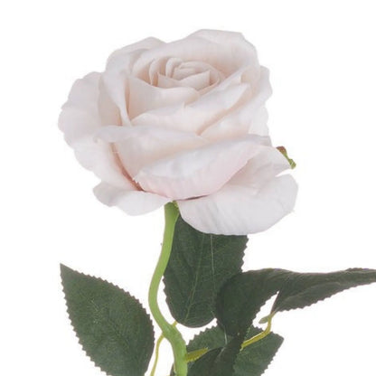 Artificial Pastel Pink Tea Rose Stem with Realistic Green Foliage – Lifelike Pale Pink Faux Rose Flower 53cm – Close-Up of Pale Pink Layered Rose Head | Click Style