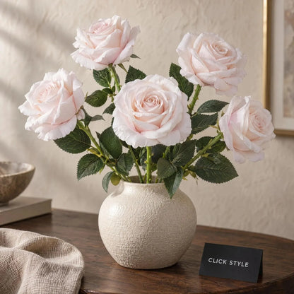Artificial Pastel Pink Tea Rose Stem with Realistic Green Foliage – Lifelike Pale Pink Faux Rose Flower 53cm – Close-Up Five Stem Arrangement with Layered Petals & Realistic Green Foliage | Click Style