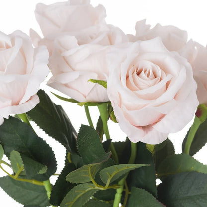 Artificial Pastel Pink Tea Rose Stem with Realistic Green Foliage – Lifelike Pale Pink Faux Rose Flower 53cm – Close-Up of Layered Petals & Green Foliage | Click Style