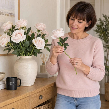 Artificial Pastel Pink Tea Rose Stem with Realistic Green Foliage – Lifelike Pale Pink Faux Rose Flower 53cm – Woman Shaping Flexible Wire-Reinforced Stem | Click Style
