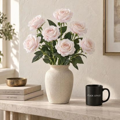 Artificial Pastel Pink Tea Rose Stem with Realistic Green Foliage – Lifelike Pale Pink Faux Rose Flower 53cm – Seven Stem Arrangement in Textured Ceramic Vase | Click Style