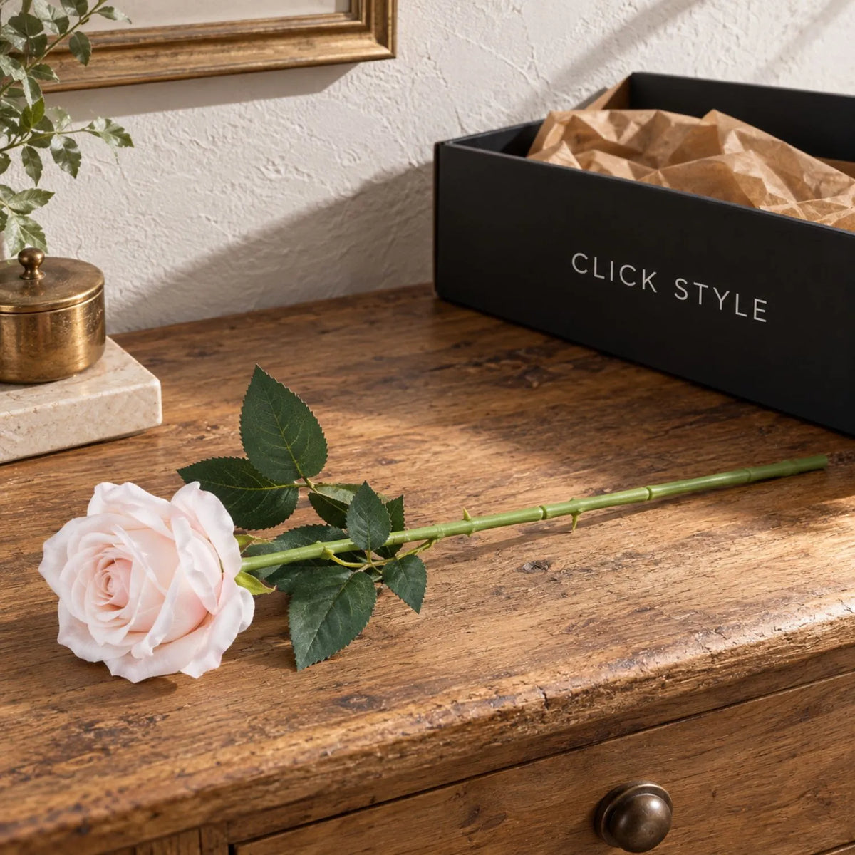 Artificial Pastel Pink Tea Rose Stem with Realistic Green Foliage – Lifelike Pale Pink Faux Rose Flower 53cm – Single Stem with Click Style Parcel Box | Click Style
