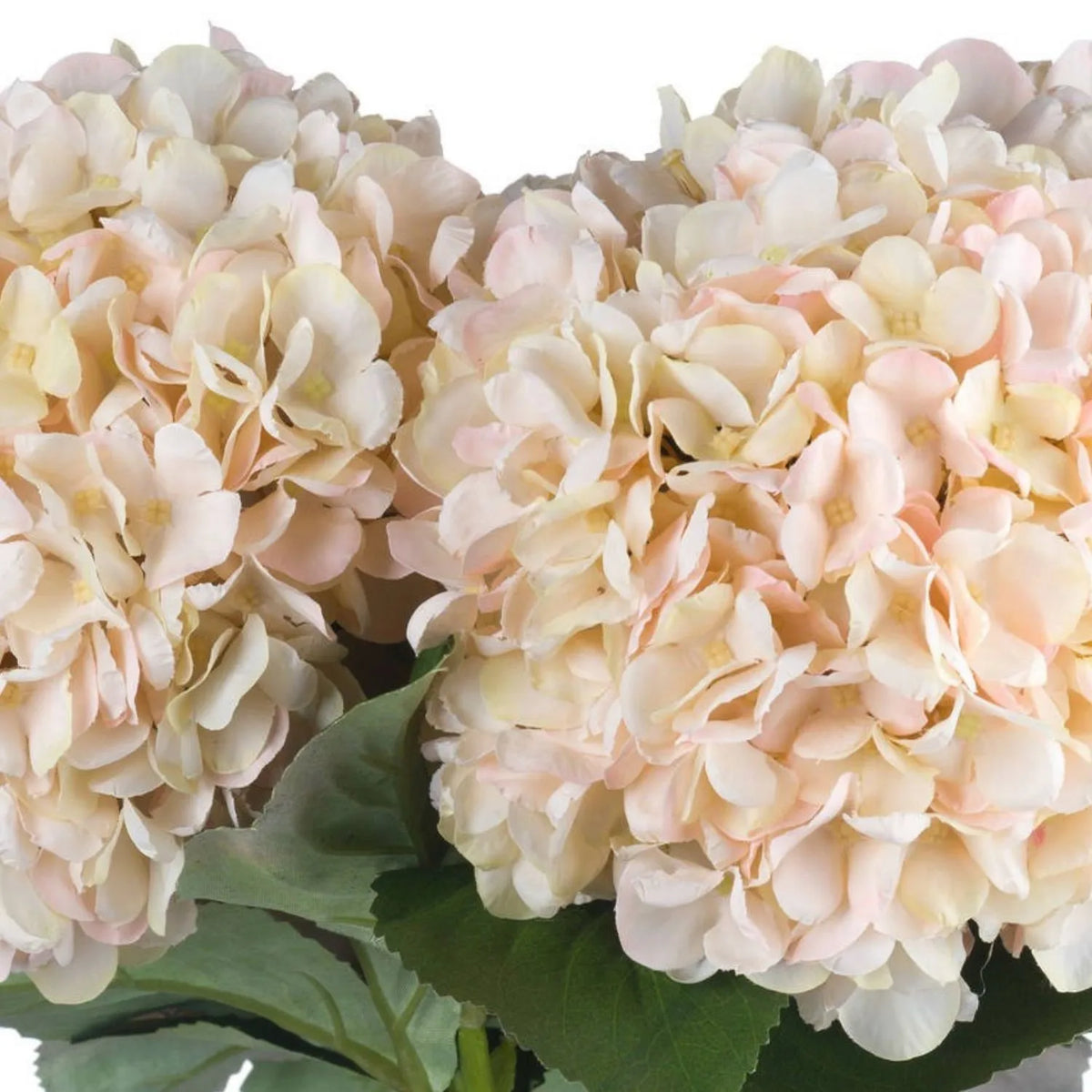 Artificial Peach Blush & Cream Hydrangea Stem with Realistic Green Leaves – Lifelike Faux Pink Hydrangea Flower 42x18x18cm – Detailed View of Rounded Hydrangea Flower Cluster | Click Style