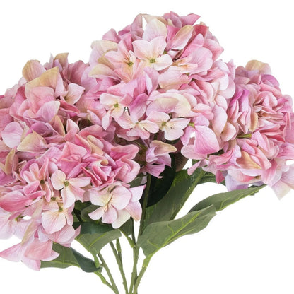 Artificial Pink Multi-Bloom Hydrangea Bouquet Stem with Realistic Green Leaves – Lifelike Faux Pink Hydrangea Flower Arrangement 58x47x47cm detailed view of the multi-bloom flower heads, layered pink and cream petals, broad veined green leaves and individual branching stems joining into one bouquet-style stem | Click Style