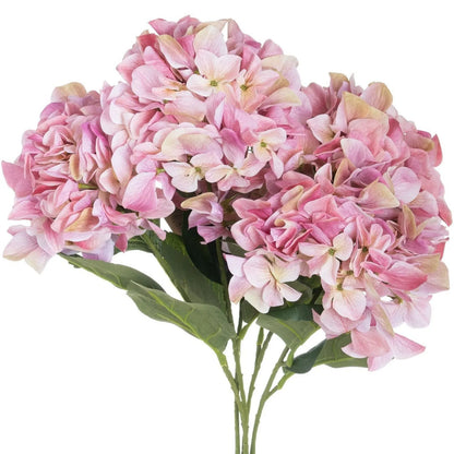 Artificial Pink Multi-Bloom Hydrangea Bouquet Stem with Realistic Green Leaves – Lifelike Faux Pink Hydrangea Flower Arrangement 58x47x47cm close-up showing the full arrangement of soft blush pink, rose and pale cream hydrangea flower clusters with delicate petal veining and realistic green leaves | Click Style