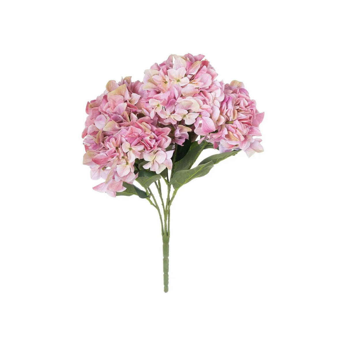 Artificial Pink Multi-Bloom Hydrangea Bouquet Stem with Realistic Green Leaves – Lifelike Faux Pink Hydrangea Flower Arrangement 58x47x47cm showing the complete single bouquet stem with multiple rounded pink hydrangea flower clusters, branching green stems and realistic veined foliage against a white background | Click Style