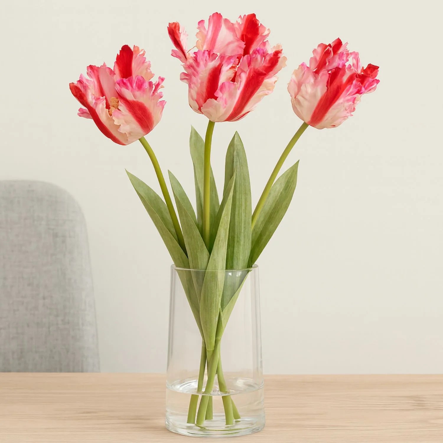 Artificial Pink & Red Parrot Tulip Stems in White Vase – Lifelike Faux Spring Flowers with Ruffled Feathered Petals | Click Style