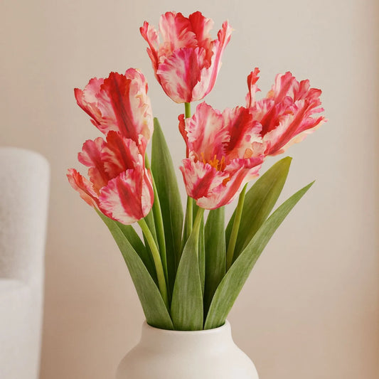 Artificial Pink & Red Parrot Tulip Stems in White Vase – Lifelike Faux Spring Flowers with Ruffled Feathered Petals | Click Style