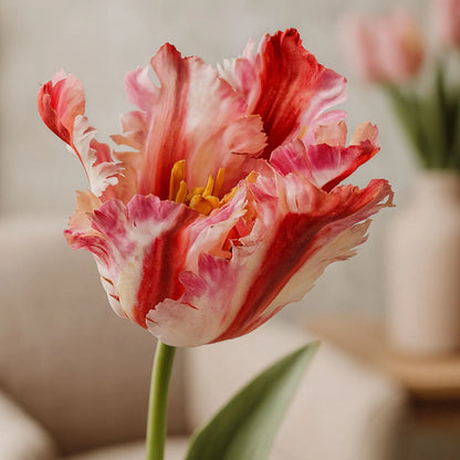 Artificial Pink & Red Parrot Tulip Stems in White Vase – Lifelike Faux Spring Flowers with Ruffled Feathered Petals | Click Style