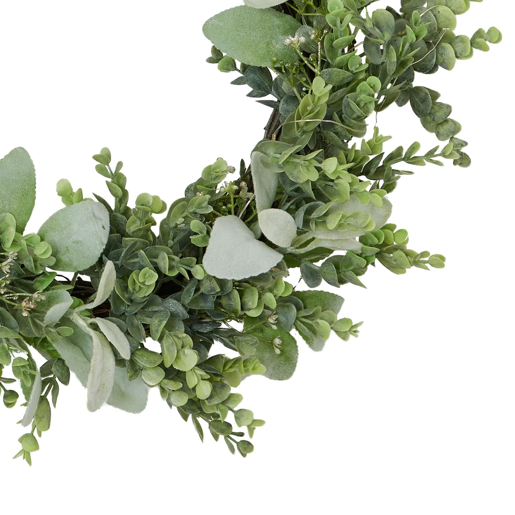 Artificial Pre-lit Eucalyptus & Lambs Ear Wreath 40x40cm - Click Style