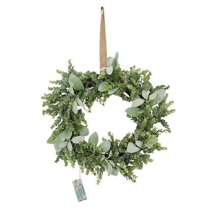 Artificial Pre-lit Eucalyptus & Lambs Ear Wreath 40x40cm - Click Style