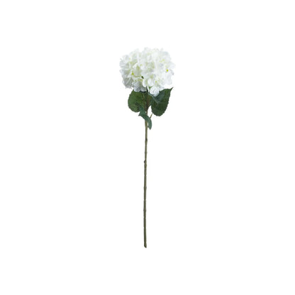 Artificial Pure White Long Stem Hydrangea with Full Rounded Flower Head & Realistic Green Leaves – Lifelike White Faux Hydrangea Flower 70cm showing the complete single stem with dark green foliage against a white background | Click Style