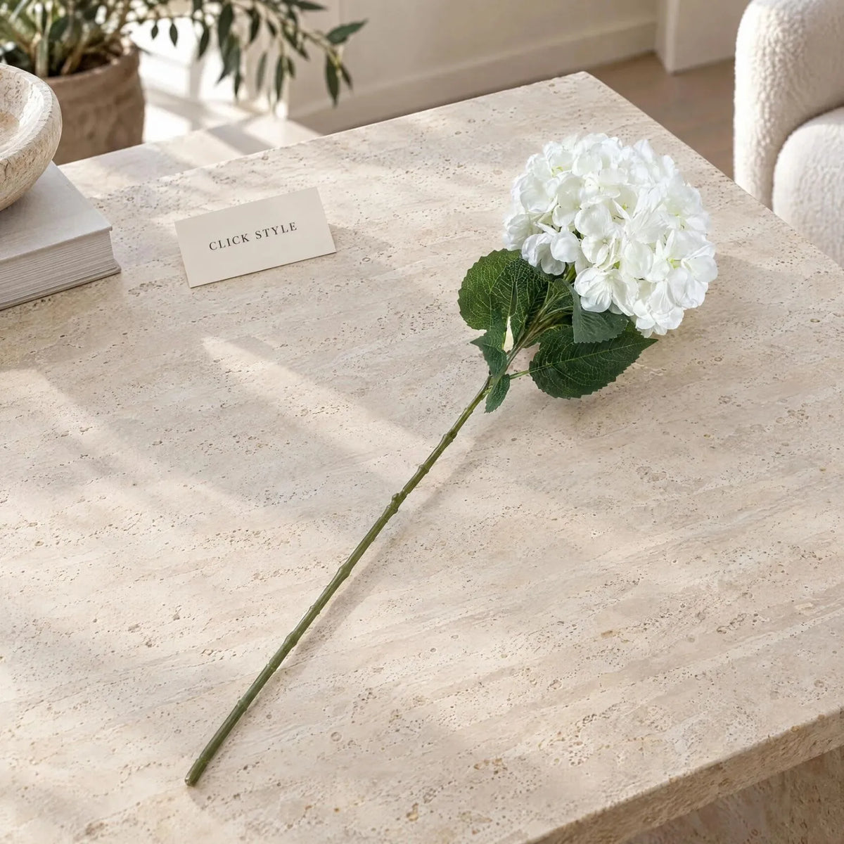 Artificial Pure White Long Stem Hydrangea with Full Rounded Flower Head & Realistic Green Leaves – Lifelike White Faux Hydrangea Flower 70cm – Single Artificial Hydrangea Stem Displayed on a Modern Travertine Surface | Click Style