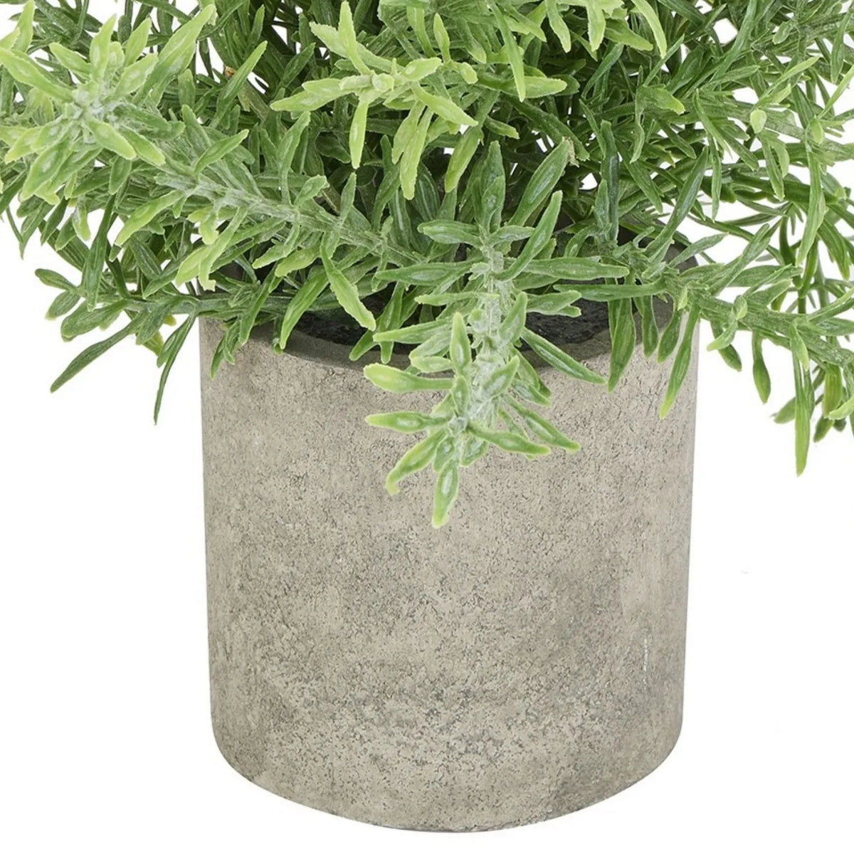 Artificial Rosemary Plant in Grey Stone-Effect Pot with Realistic Green Foliage – Lifelike Faux Potted Herb 24x24x24cm close-up highlighting the cylindrical grey pot with its weathered stone-effect texture and overhanging green foliage | Click Style