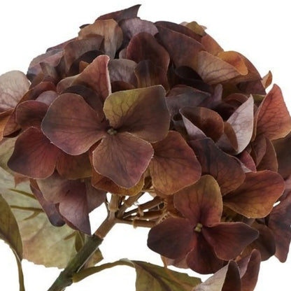 Artificial Russet Brown & Burgundy Hydrangea Stem with Realistic Autumn Foliage – Lifelike Faux Brown Hydrangea Flower 50x26x26cm – Close-up of layered chocolate brown and burgundy hydrangea petals with realistic branching detail | Click Style