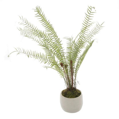 Artificial Small Green Boston Fern with Delicate Fronds & Fiddlehead Details in White Stone Pot – Realistic Potted Faux Indoor Plant – Alternative Full View Showing Spreading Fern Fronds & Rounded White Pot | Click Style