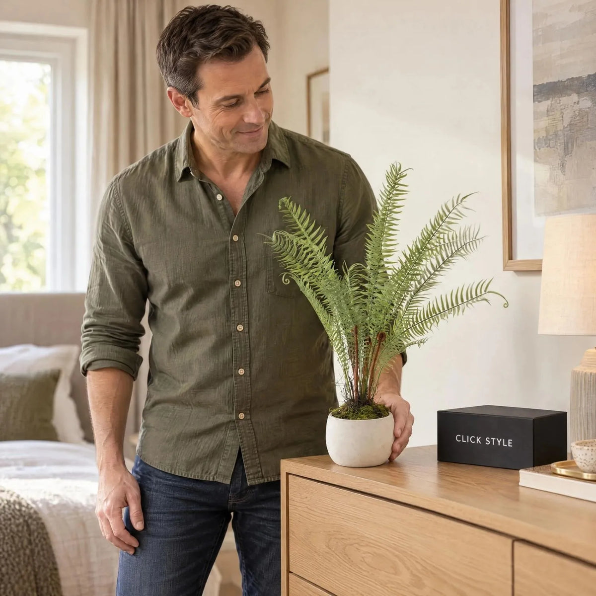 Artificial Small Green Boston Fern with Delicate Fronds & Fiddlehead Details in White Stone Pot – Realistic Potted Faux Indoor Plant 46x10x10cm – Man in Olive Green Shirt Styling Fern on Oak Chest of Drawers with Black CLICK STYLE Box | Click Style