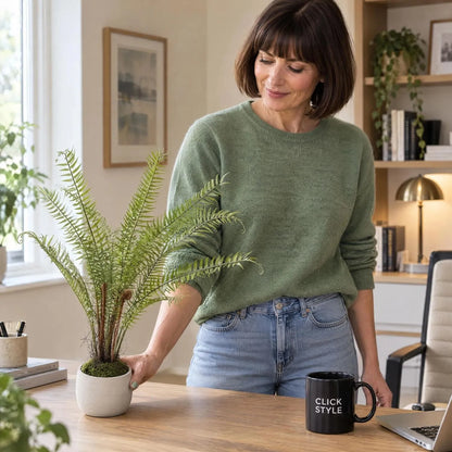 Artificial Small Green Boston Fern with Delicate Fronds & Fiddlehead Details in White Stone Pot – Realistic Potted Faux Indoor Plant 46x10x10cm – Woman in Green Cashmere Jumper Styling Fern on Oak Desk with Black CLICK STYLE Mug | Click Style