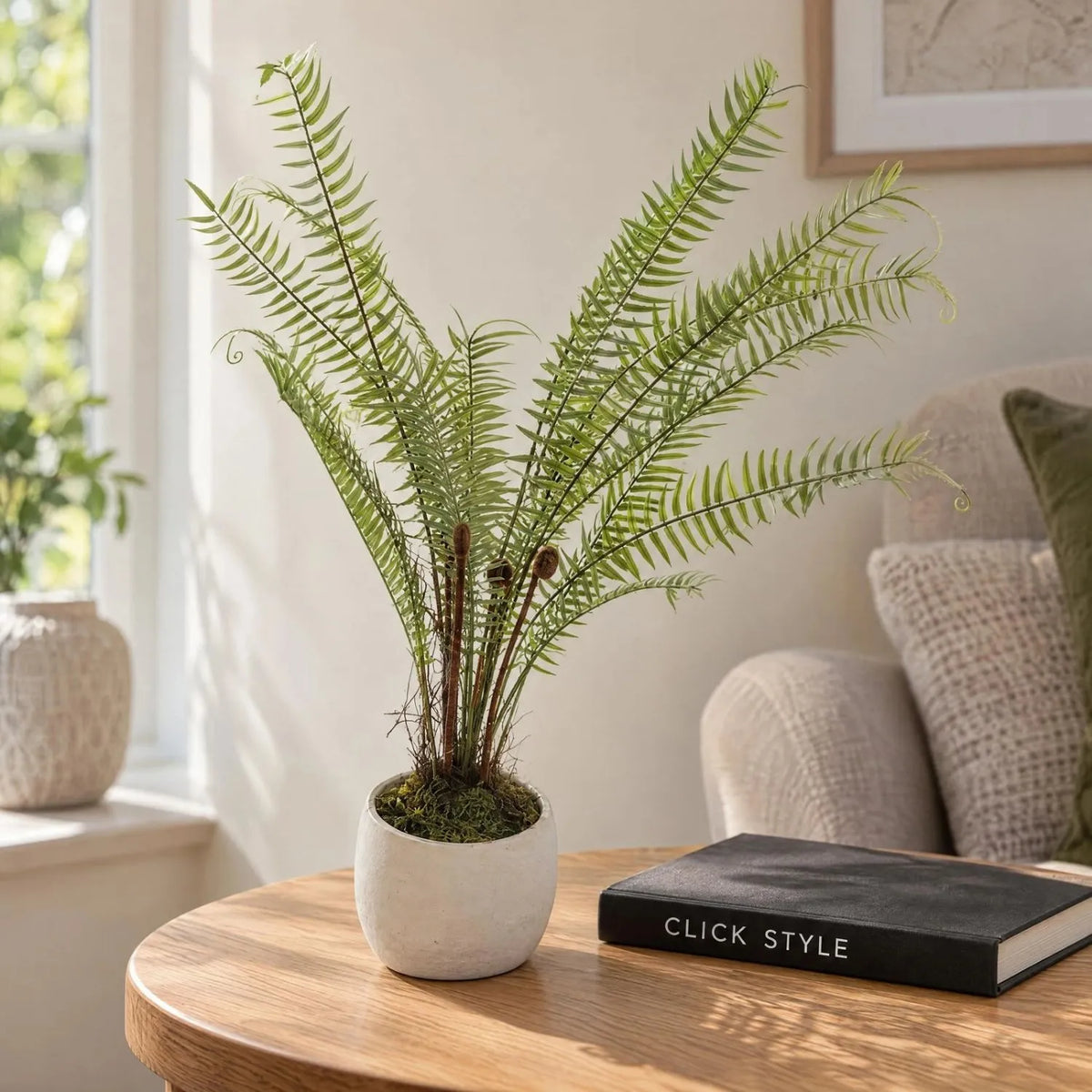 Artificial Small Green Boston Fern with Delicate Fronds & Fiddlehead Details in White Stone Pot – Realistic Potted Faux Indoor Plant 46x10x10cm – Displayed on Round Oak Side Table Beside Neutral Sofa with Black CLICK STYLE Book | Click Style