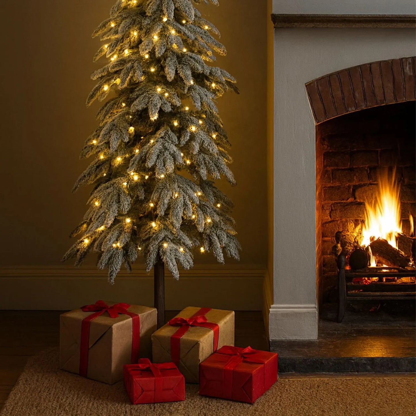 Artificial Snowy 6ft Pre-Lit Christmas Tree with 350 Warm White LED Lights – Slim Snow-Dusted Faux Fir | Click Style