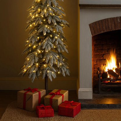 Artificial Snowy 6ft Pre-Lit Christmas Tree with 350 Warm White LED Lights – Slim Snow-Dusted Faux Fir | Click Style