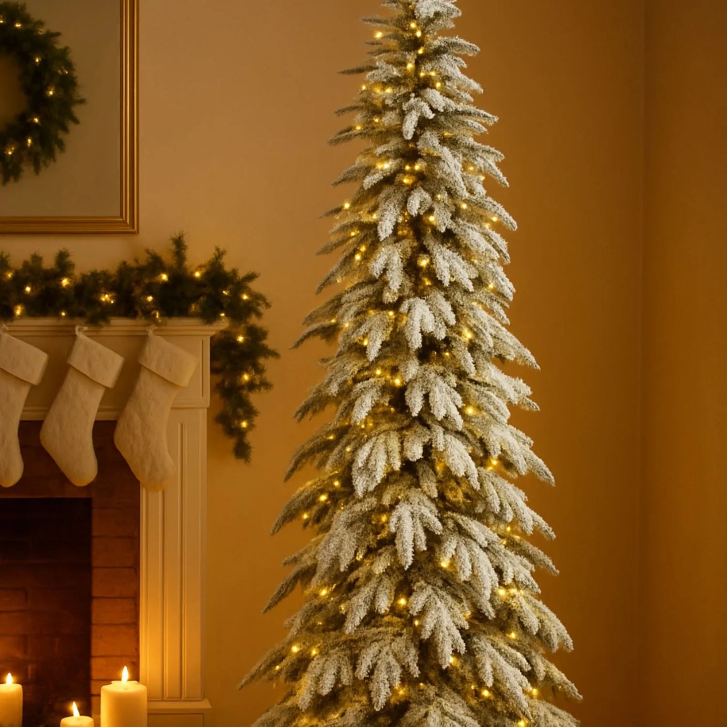 Artificial Snowy 6ft Pre-Lit Christmas Tree with 350 Warm White LED Lights – Slim Snow-Dusted Faux Fir | Click Style