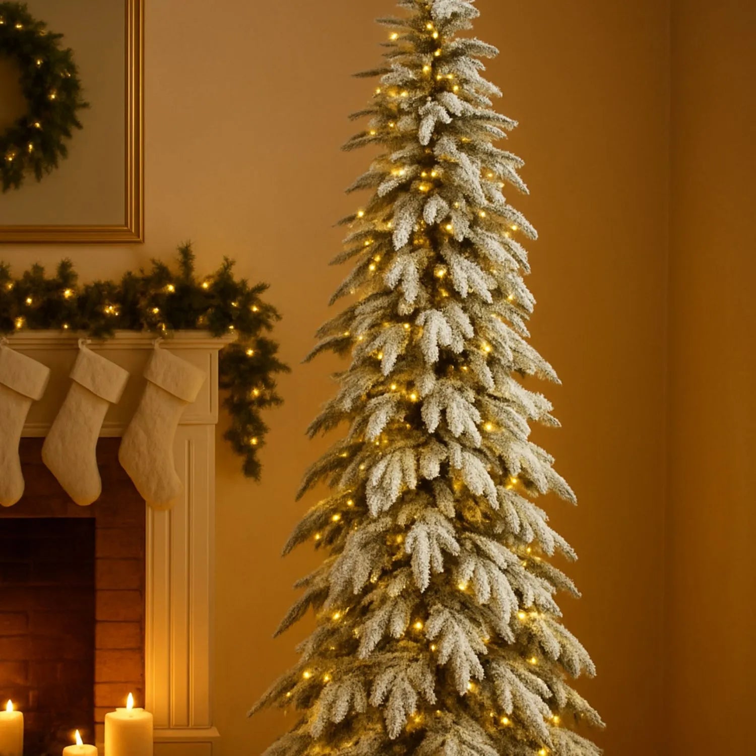 Artificial Snowy 6ft Pre-Lit Christmas Tree with 350 Warm White LED Lights – Slim Snow-Dusted Faux Fir | Click Style