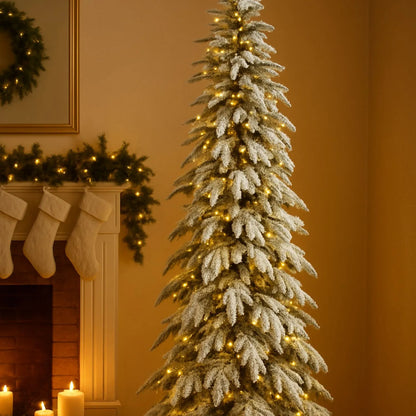 Artificial Snowy 6ft Pre-Lit Christmas Tree with 350 Warm White LED Lights – Slim Snow-Dusted Faux Fir | Click Style