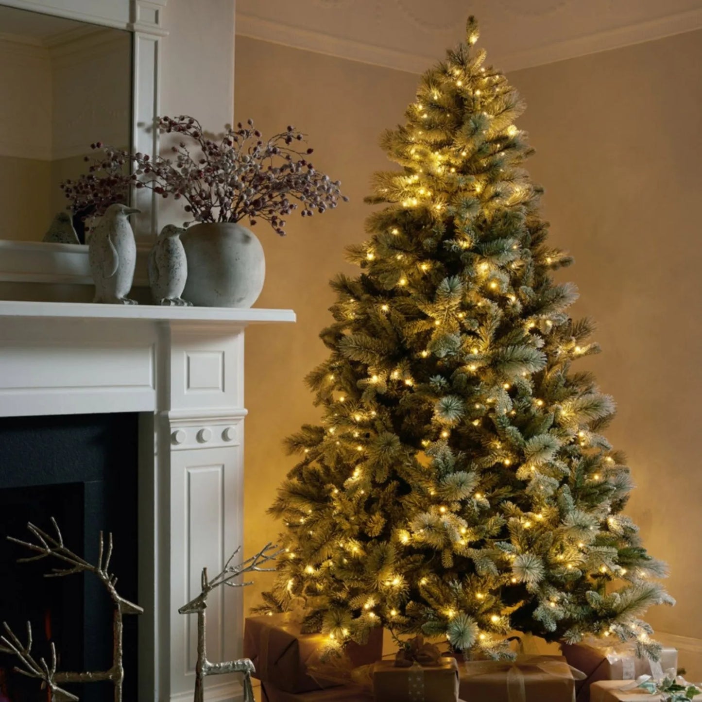 Artificial Snowy 7ft Pre-Lit Christmas Tree with 400 Warm White LED Lights – Realistic Snow-Dusted Faux Fir Tree | Click Style