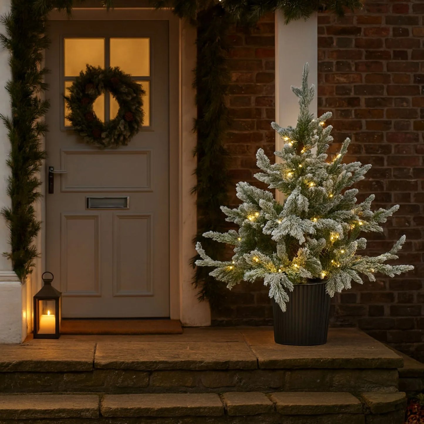 Artificial Snowy Green 3ft Pre-Lit Christmas Tree in Pot with 300 Warm White LED Lights – Potted Frosted Faux Fir for Indoor or Covered Outdoor Use | Click Style