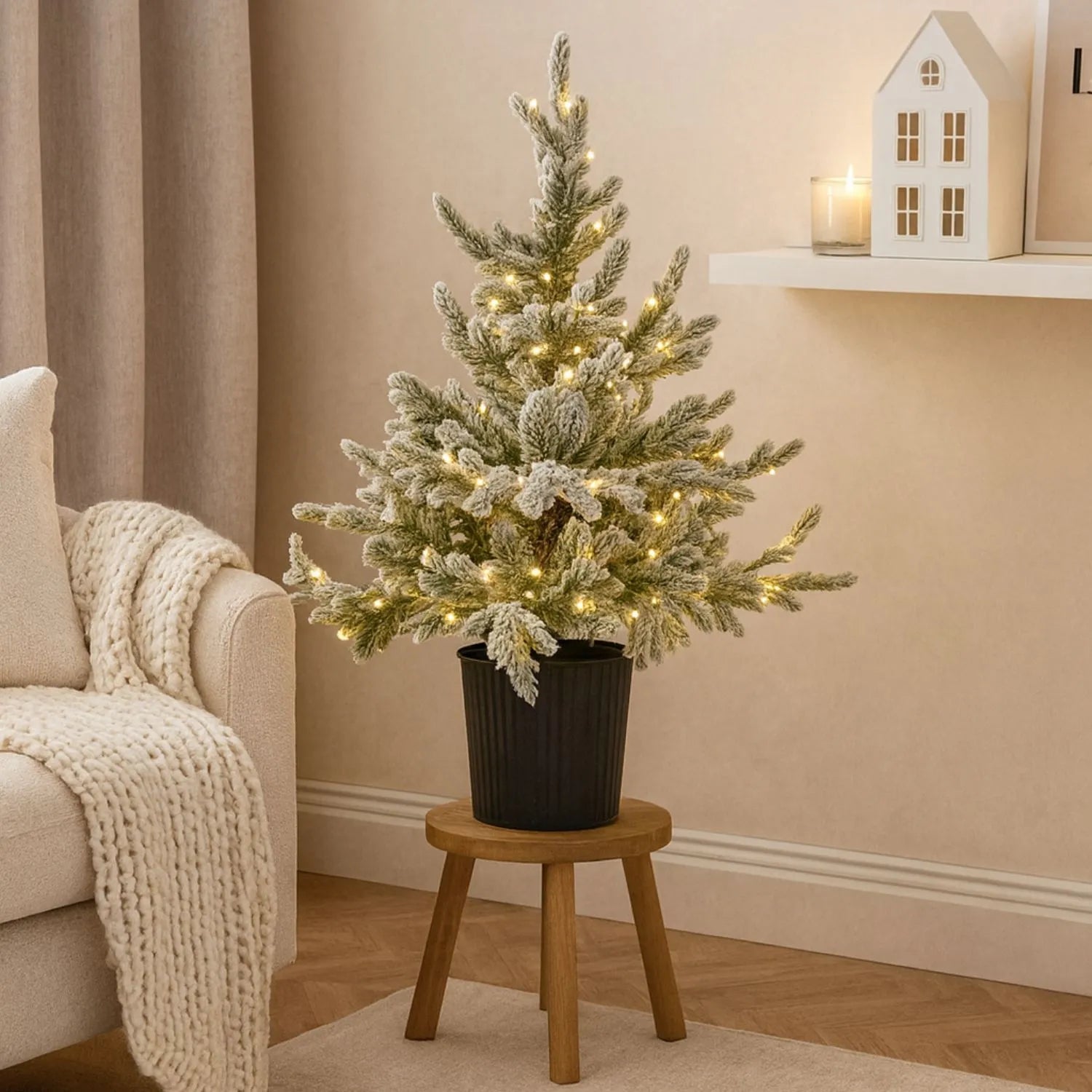 Artificial Snowy Green 3ft Pre-Lit Christmas Tree in Pot with 300 Warm White LED Lights – Potted Frosted Faux Fir for Indoor or Covered Outdoor Use | Click Style