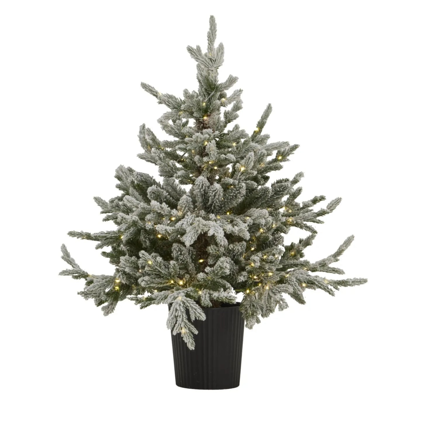 Artificial Snowy Green 3ft Pre-Lit Christmas Tree in Pot with 300 Warm White LED Lights – Potted Frosted Faux Fir for Indoor or Covered Outdoor Use | Click Style