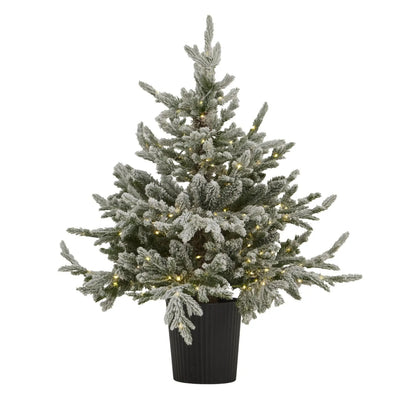 Artificial Snowy Green 3ft Pre-Lit Christmas Tree in Pot with 300 Warm White LED Lights – Potted Frosted Faux Fir for Indoor or Covered Outdoor Use | Click Style