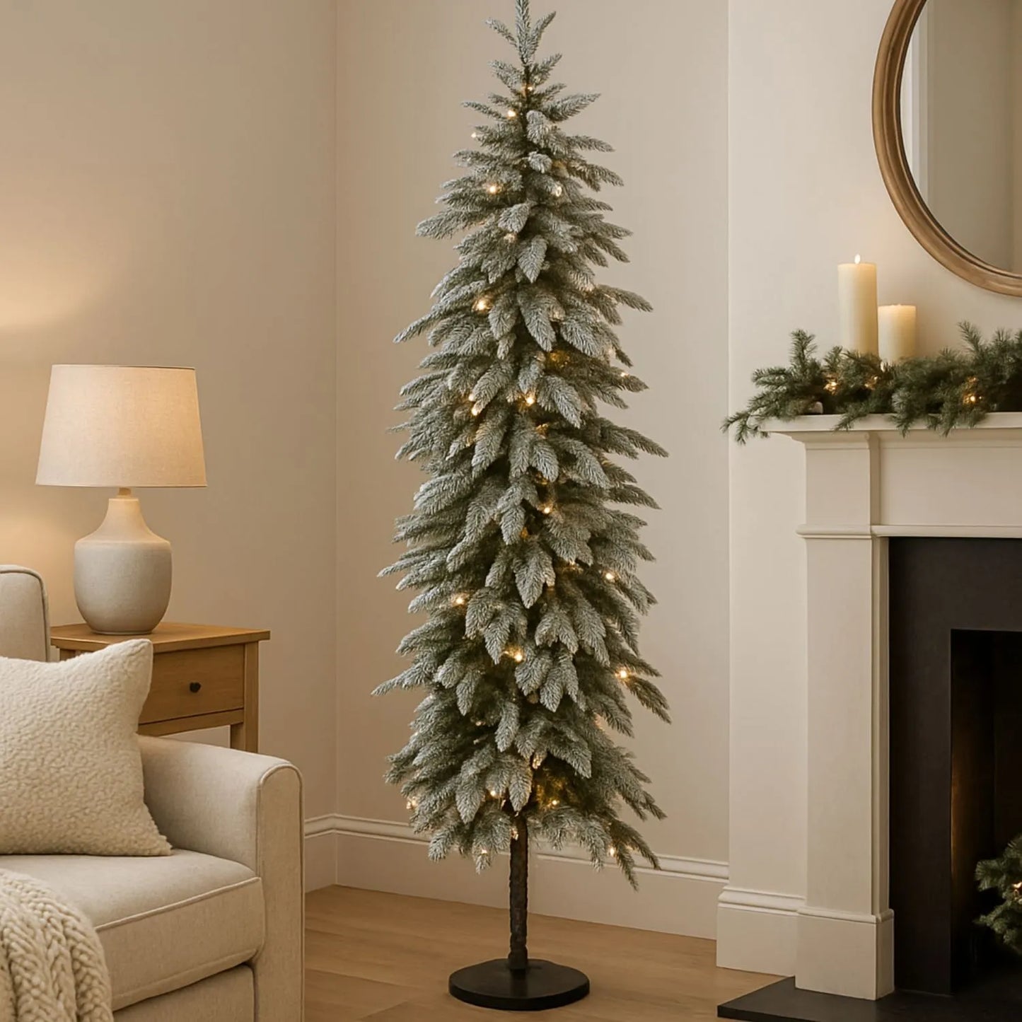 Artificial Snowy Green 7ft Pre-Lit Christmas Tree with 200 Warm White LED Lights – Slim Space-Saving Faux Fir Tree | Click Style