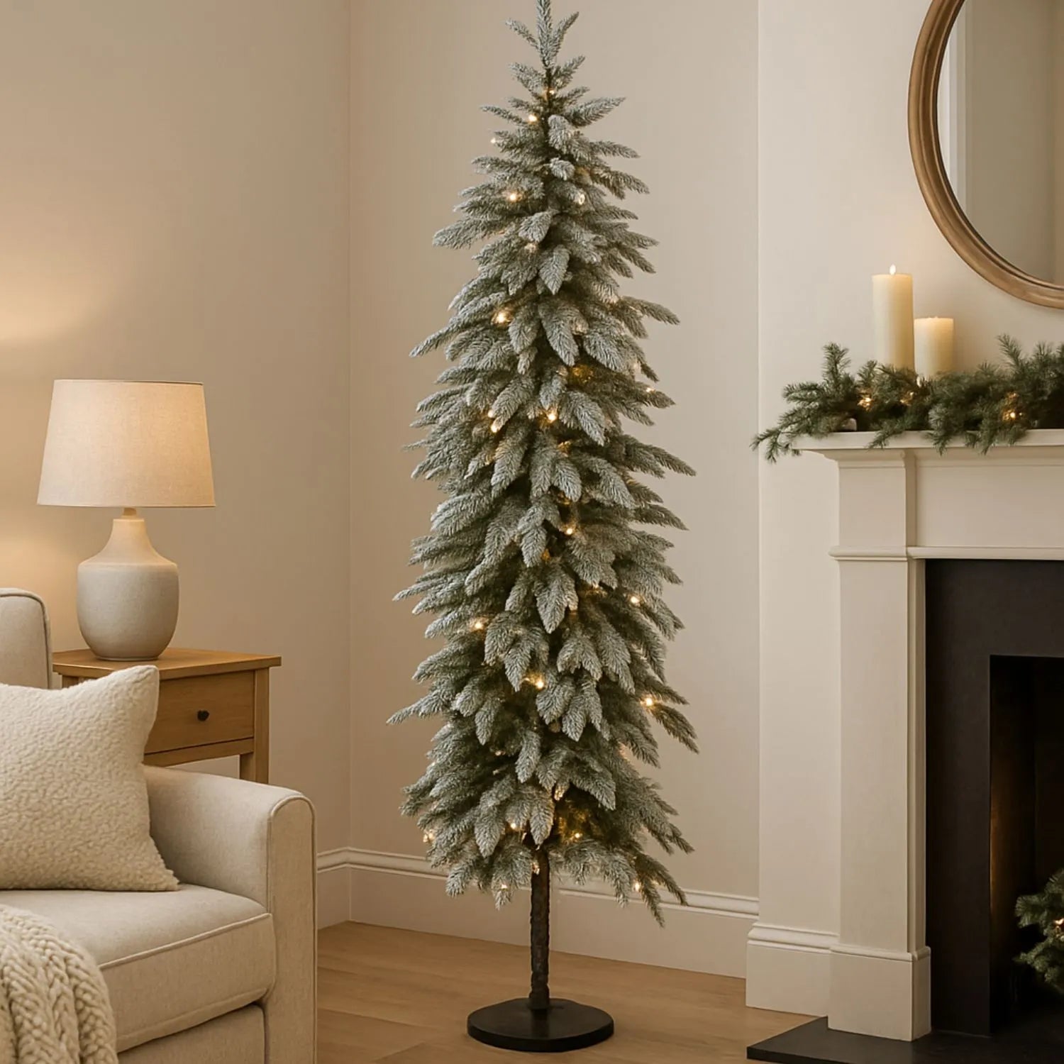 Artificial Snowy Green 7ft Pre-Lit Christmas Tree with 200 Warm White LED Lights – Slim Space-Saving Faux Fir Tree | Click Style