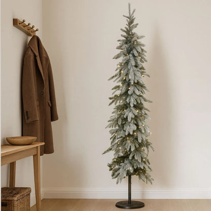 Artificial Snowy Green 7ft Pre-Lit Christmas Tree with 200 Warm White LED Lights – Slim Space-Saving Faux Fir Tree | Click Style