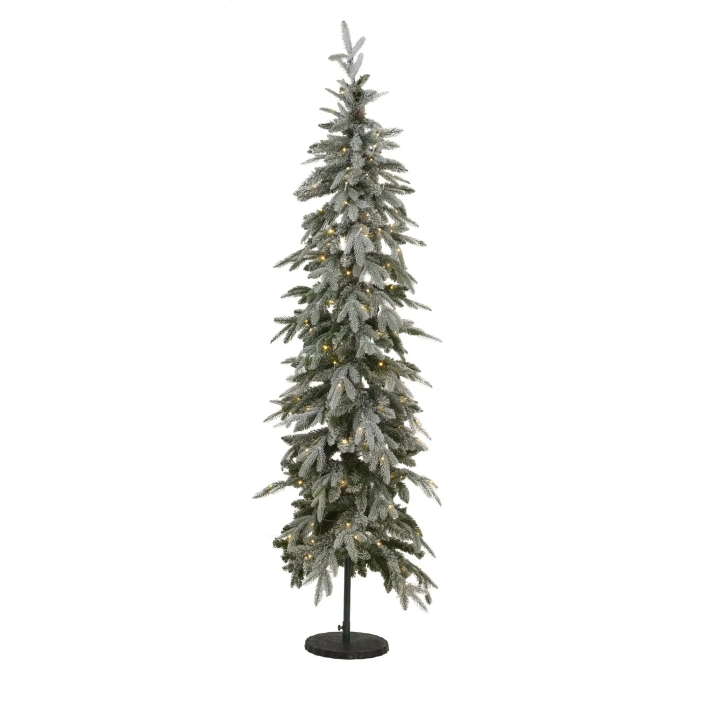Artificial Snowy Green 7ft Pre-Lit Christmas Tree with 200 Warm White LED Lights – Slim Space-Saving Faux Fir Tree | Click Style