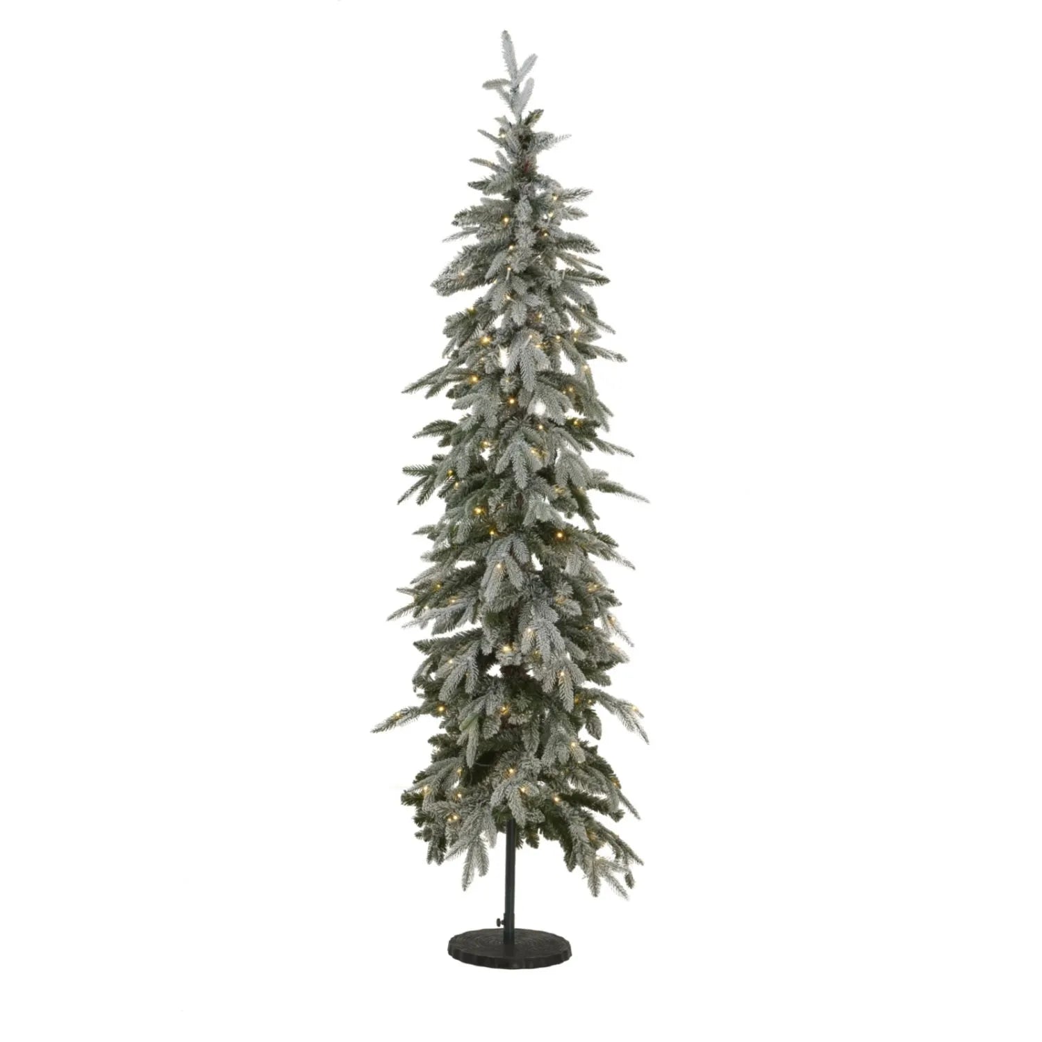 Artificial Snowy Green 7ft Pre-Lit Christmas Tree with 200 Warm White LED Lights – Slim Space-Saving Faux Fir Tree | Click Style