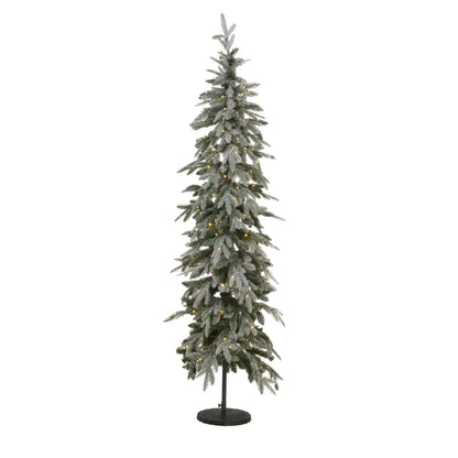 Artificial Snowy Green 7ft Pre-Lit Christmas Tree with 200 Warm White LED Lights – Slim Space-Saving Faux Fir Tree | Click Style