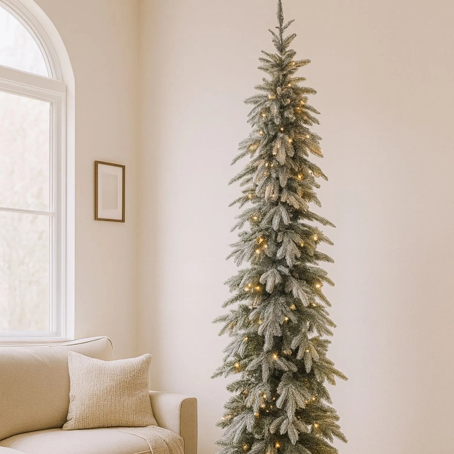 Artificial Snowy Green 7ft Pre-Lit Christmas Tree with 200 Warm White LED Lights – Slim Space-Saving Faux Fir Tree | Click Style