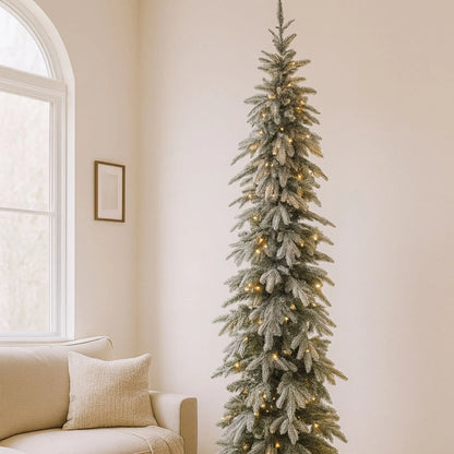 Artificial Snowy Green 7ft Pre-Lit Christmas Tree with 200 Warm White LED Lights – Slim Space-Saving Faux Fir Tree | Click Style