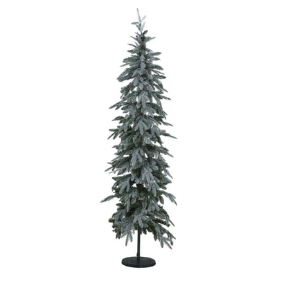 Artificial Snowy Green 7ft Pre-Lit Christmas Tree with 200 Warm White LED Lights – Slim Space-Saving Faux Fir Tree | Click Style