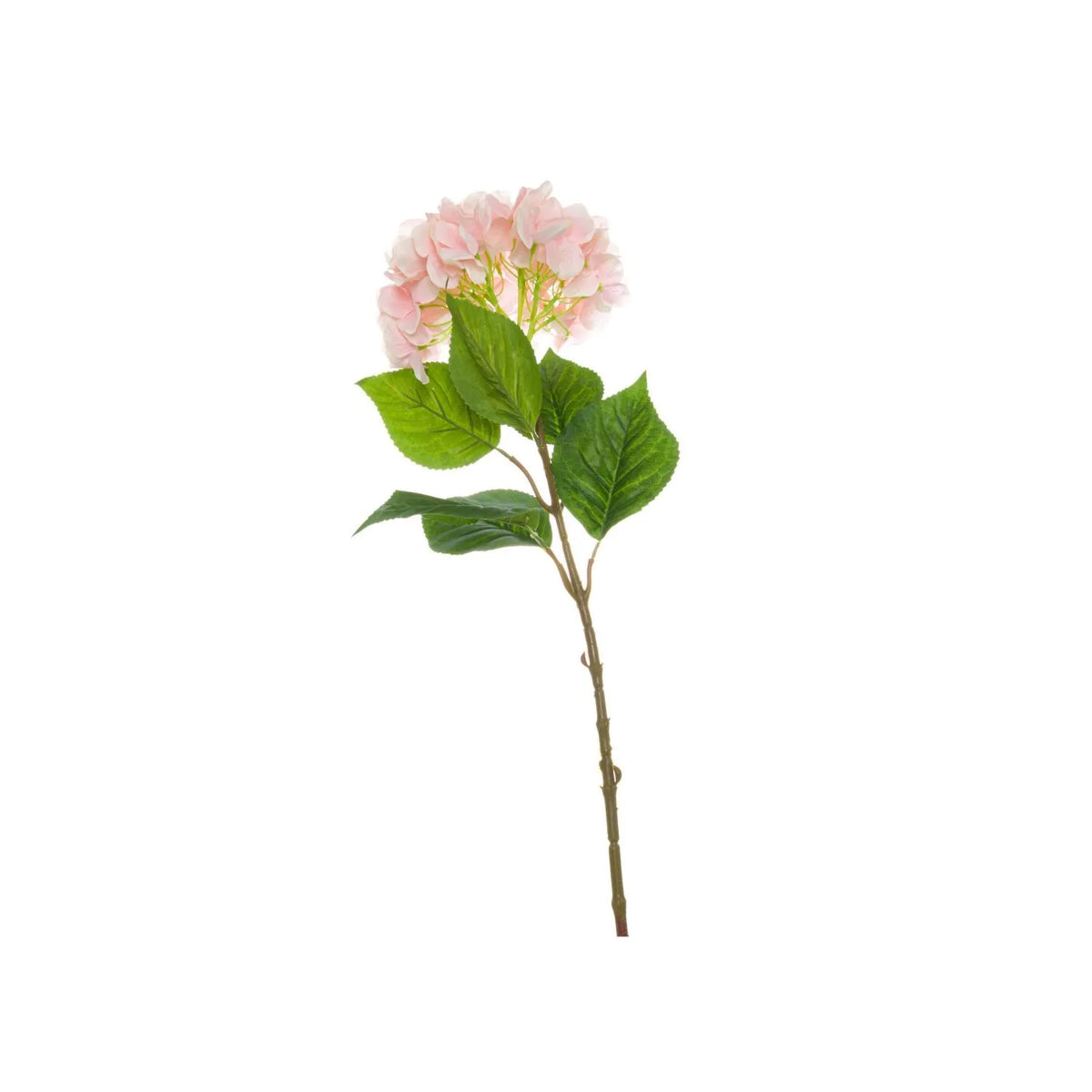 Artificial Soft Pink Long Stem Hydrangea with Full Rounded Flower Head & Realistic Green Leaves – Lifelike Pink Faux Hydrangea Flower 70cm – Full-Length Single Artificial Hydrangea Stem Showing Pastel Pink Bloom Green Foliage and Long Wired Stem on White Background | Click Style