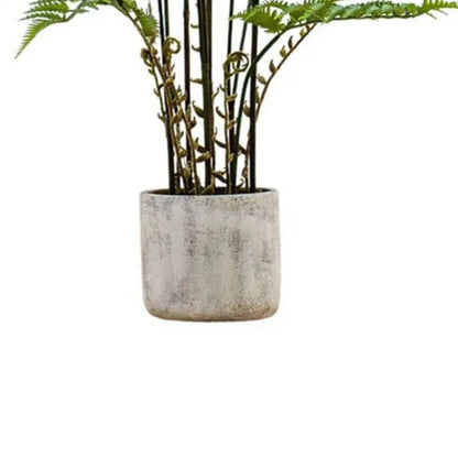 Artificial Tall Green Fern Plant in Distressed Cement Pot with Realistic Fronds – Lifelike Faux Indoor Plant 107x41x41cm detail showing the distressed cream-grey cement pot, upright stems and curled fiddlehead fronds | Click Style