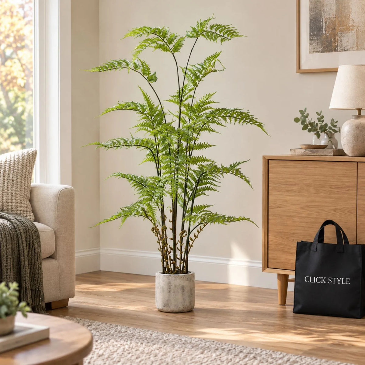 Artificial Tall Green Fern Plant in Distressed Cement Pot with Realistic Fronds – Lifelike Faux Indoor Plant 107x41x41cm featuring delicate green fronds and a distressed grey cement pot in a warm neutral living room with oak sideboard and CLICK STYLE shopping tote | Click Style