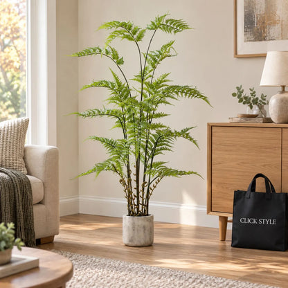 Artificial Tall Green Fern Plant in Distressed Cement Pot with Realistic Fronds – Lifelike Faux Indoor Plant 107x41x41cm featuring delicate green fronds and a distressed grey cement pot in a warm neutral living room with oak sideboard and CLICK STYLE shopping tote | Click Style