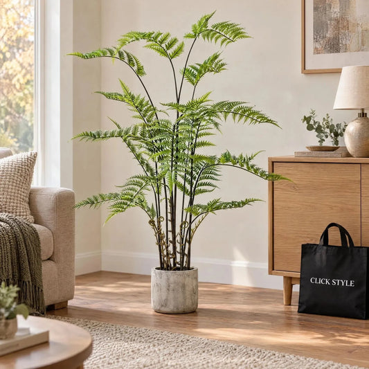 Artificial Tall Green Fern Plant in Distressed Cement Pot with Realistic Fronds – Lifelike Faux Indoor Plant 107x41x41cm styled in a contemporary living room beside a natural oak sideboard and cream sofa with black CLICK STYLE shopping tote | Click Style